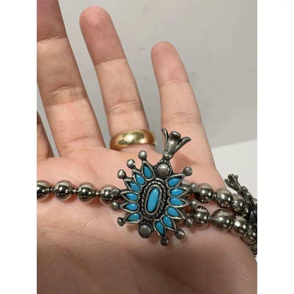 Vintage‎ Native American Squash Blossom Necklace Needlepoint Turquoise Gorgeous!